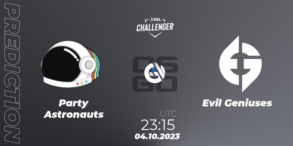 Pronóstico Party Astronauts - Evil Geniuses. 04.10.2023 at 23:15, Counter-Strike (CS2), ESL Challenger at DreamHack Winter 2023: North American Open Qualifier