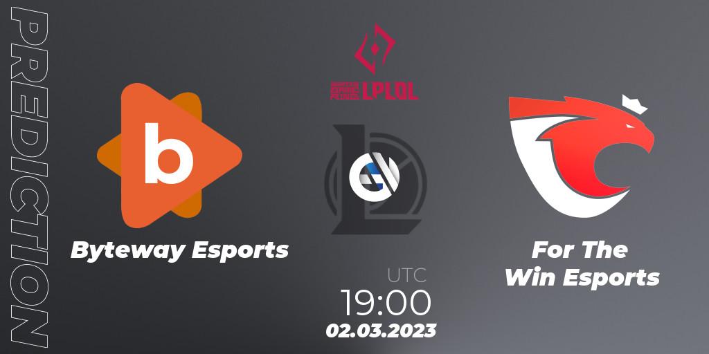 Pronóstico Byteway Esports - For The Win Esports. 02.03.2023 at 19:00, LoL, LPLOL Split 1 2023 - Group Stage