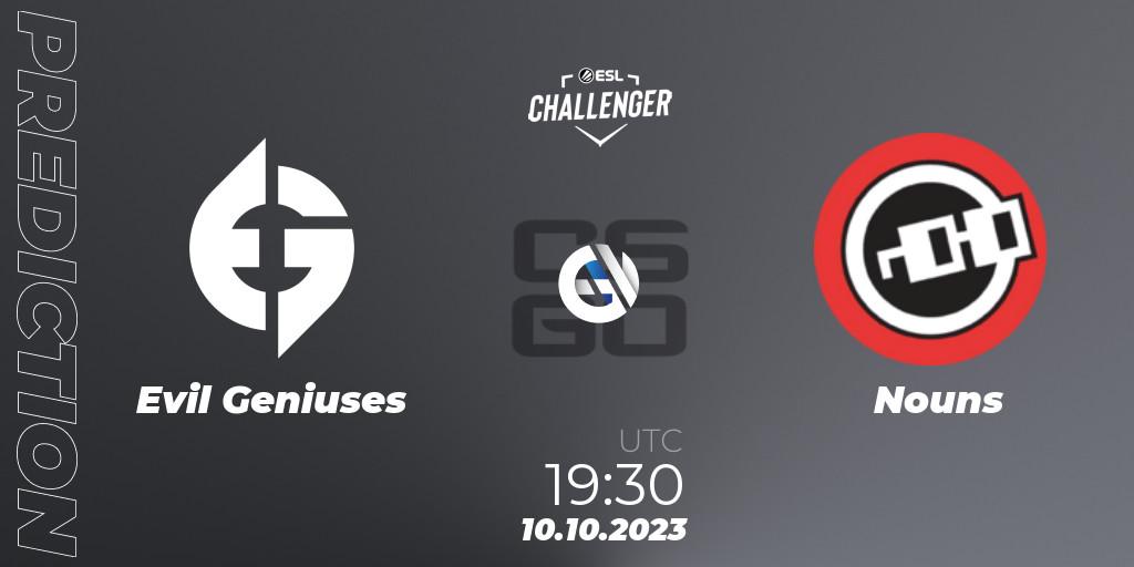 Pronóstico Evil Geniuses - Nouns. 10.10.2023 at 19:30, Counter-Strike (CS2), ESL Challenger at DreamHack Winter 2023: North American Qualifier