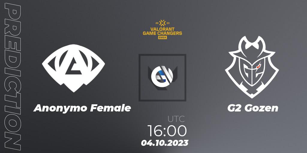 Pronóstico Anonymo Female - G2 Gozen. 04.10.2023 at 16:00, VALORANT, VCT 2023: Game Changers EMEA Stage 3 - Playoffs