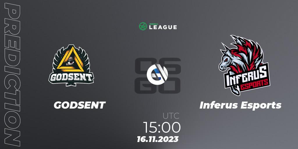 Pronóstico GODSENT - Inferus Esports. 16.11.2023 at 15:00, Counter-Strike (CS2), ESEA Season 47: Advanced Division - Europe