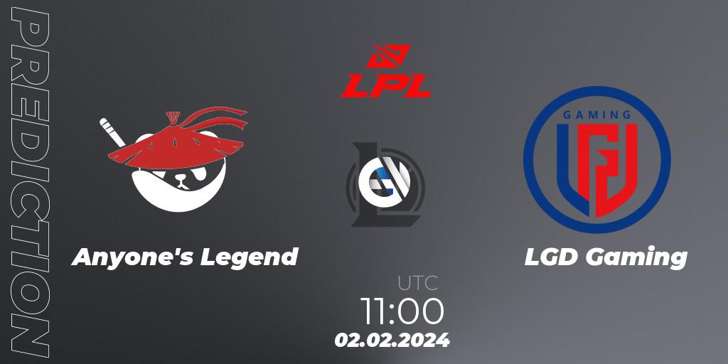 Pronóstico Anyone's Legend - LGD Gaming. 02.02.24, LoL, LPL Spring 2024 - Group Stage