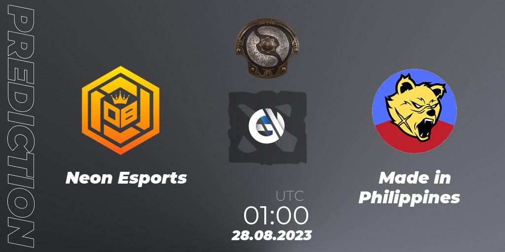 Pronóstico Neon Esports - Made in Philippines. 28.08.2023 at 01:02, Dota 2, The International 2023 - Southeast Asia Qualifier