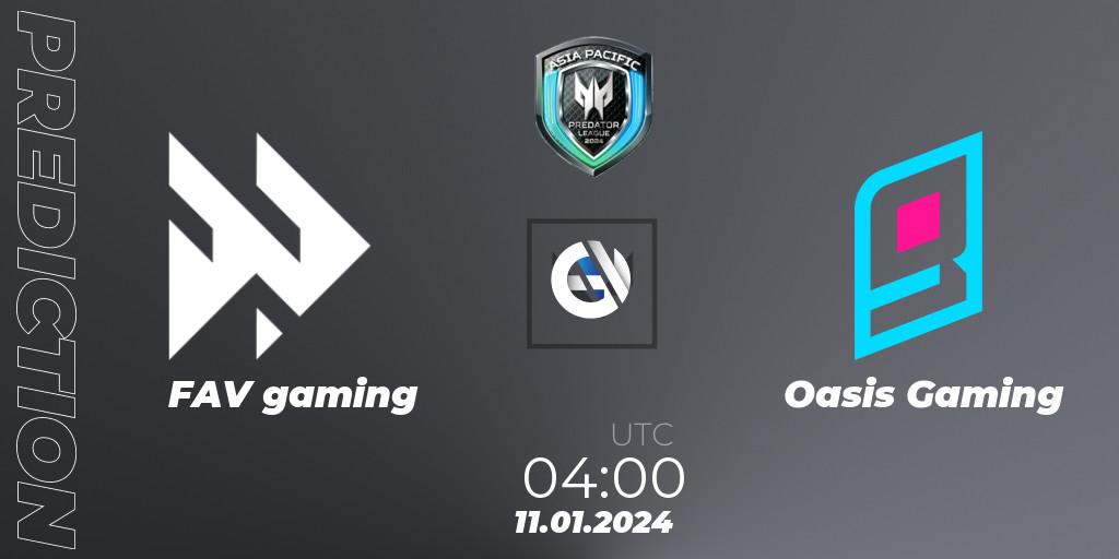Pronóstico FAV gaming - Oasis Gaming. 11.01.2024 at 04:00, VALORANT, Asia Pacific Predator League 2024