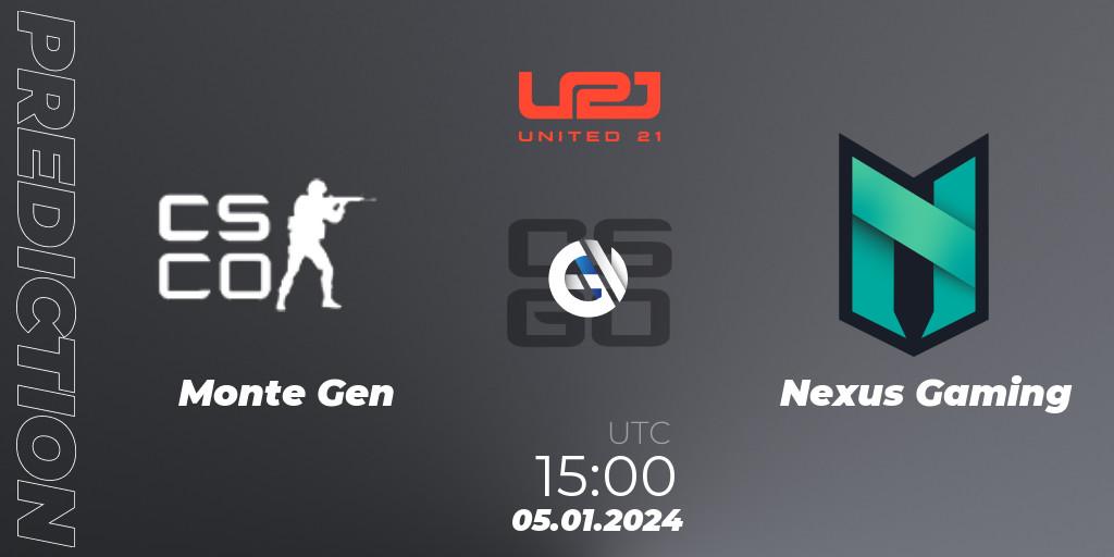 Pronóstico Monte Gen - Nexus Gaming. 05.01.2024 at 15:00, Counter-Strike (CS2), United21 Season 10