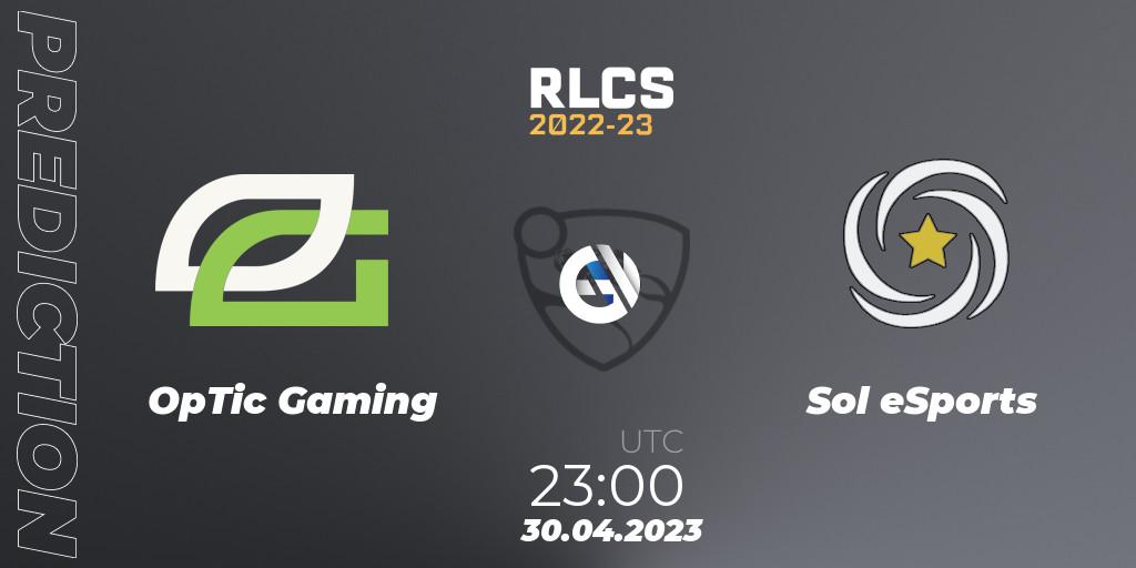 Pronóstico OpTic Gaming - Sol eSports. 30.04.2023 at 23:00, Rocket League, RLCS 2022-23 - Spring: North America Regional 1 - Spring Open: Closed Qualifier