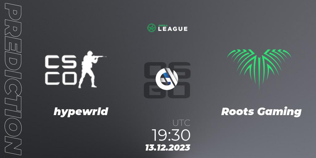 Pronóstico hypewrld - Roots Gaming. 13.12.2023 at 17:30, Counter-Strike (CS2), ESEA Season 47: Intermediate Division - Europe