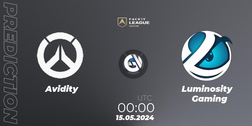 Pronóstico Avidity - Luminosity Gaming. 15.05.2024 at 00:00, Overwatch, FACEIT League Season 1 - NA Master Road to EWC
