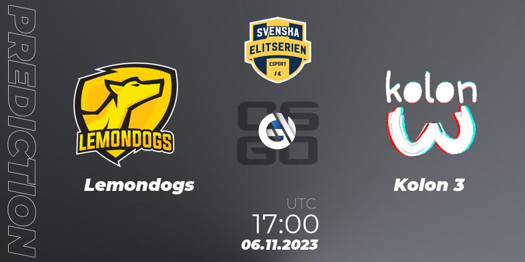 Pronóstico Lemondogs - Kolon 3. 06.11.2023 at 17:00, Counter-Strike (CS2), Svenska Elitserien Fall 2023: Online Stage