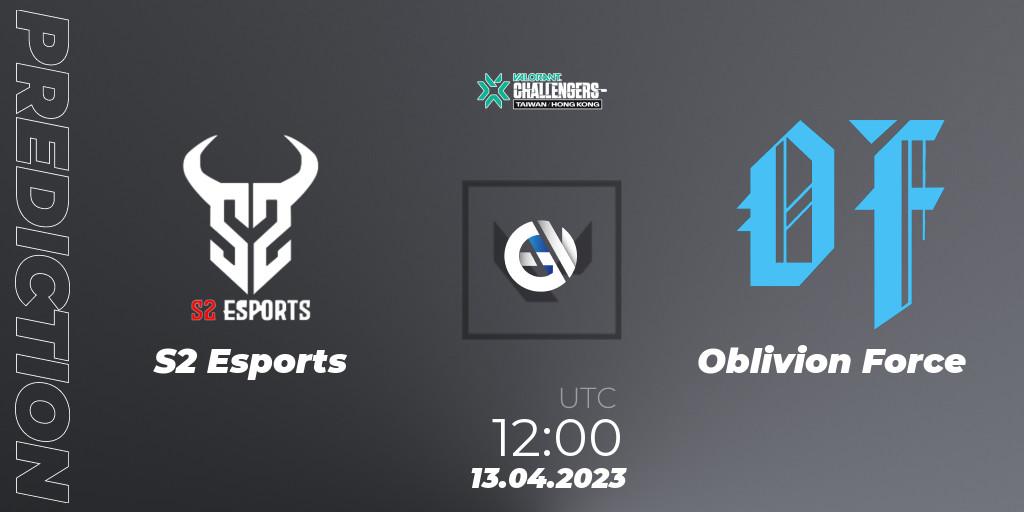 Pronóstico S2 Esports - Oblivion Force. 13.04.2023 at 12:00, VALORANT, VALORANT Challengers 2023: Hong Kong & Taiwan Split 2 - Group stage