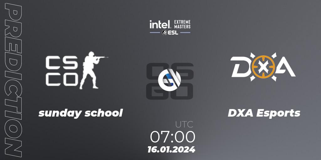 Pronóstico sunday school - DXA Esports. 16.01.2024 at 07:40, Counter-Strike (CS2), Intel Extreme Masters China 2024: Oceanic Open Qualifier #1