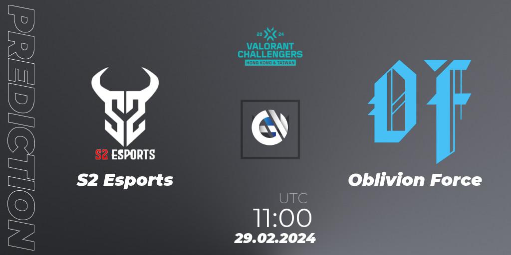 Pronóstico S2 Esports - Oblivion Force. 29.02.2024 at 11:00, VALORANT, VALORANT Challengers Hong Kong and Taiwan 2024: Split 1