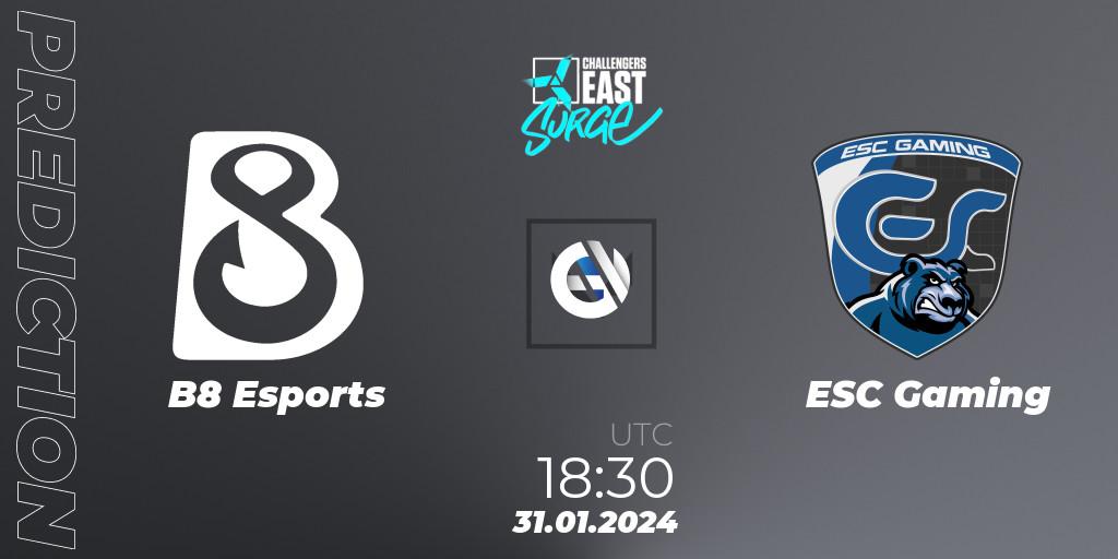 Pronóstico B8 Esports - ESC Gaming. 31.01.2024 at 18:30, VALORANT, VALORANT Challengers 2024 East: Surge Split 1