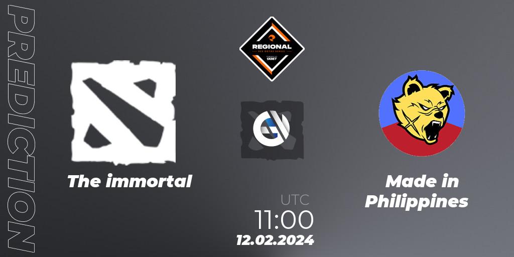 Pronóstico The immortal - Made in Philippines. 12.02.2024 at 13:00, Dota 2, RES Regional Series: SEA #1