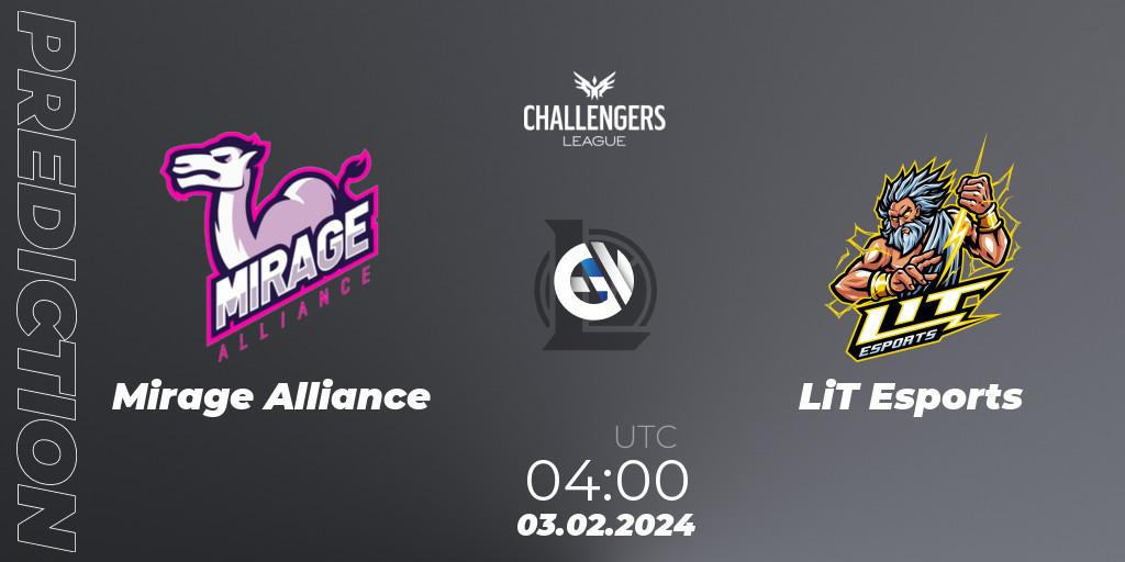 Pronóstico Mirage Alliance - LiT Esports. 03.02.2024 at 04:00, LoL, NACL 2024 Spring - Group Stage