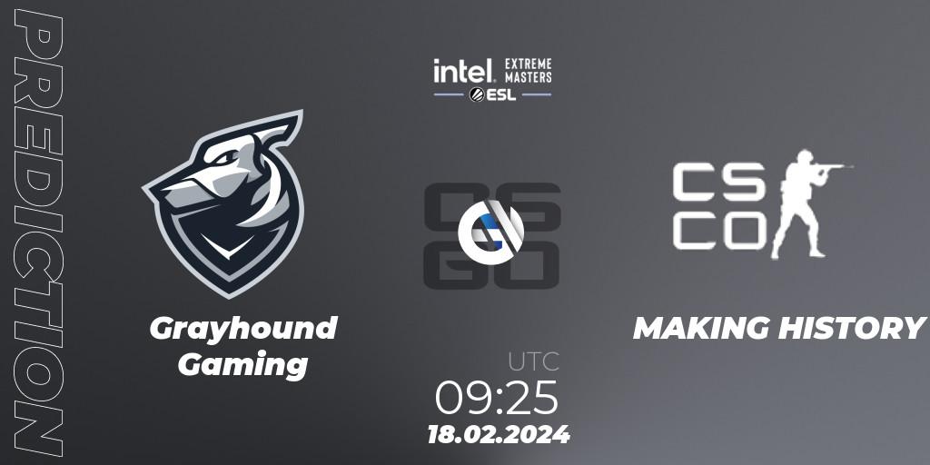 Pronóstico Grayhound Gaming - MAKING HISTORY. 18.02.2024 at 09:25, Counter-Strike (CS2), Intel Extreme Masters Dallas 2024: Oceanic Open Qualifier #1