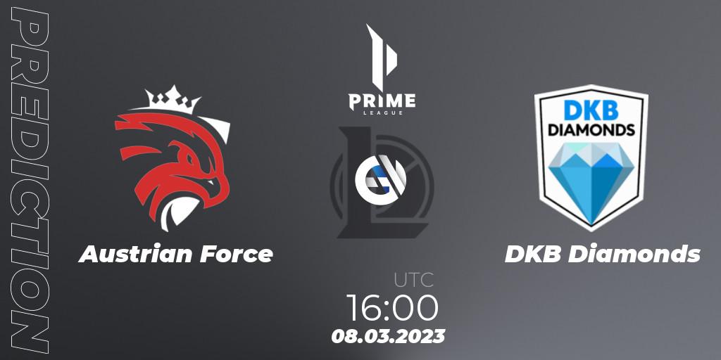 Pronóstico Austrian Force - DKB Diamonds. 08.03.2023 at 17:00, LoL, Prime League 2nd Division Spring 2023 - Playoffs