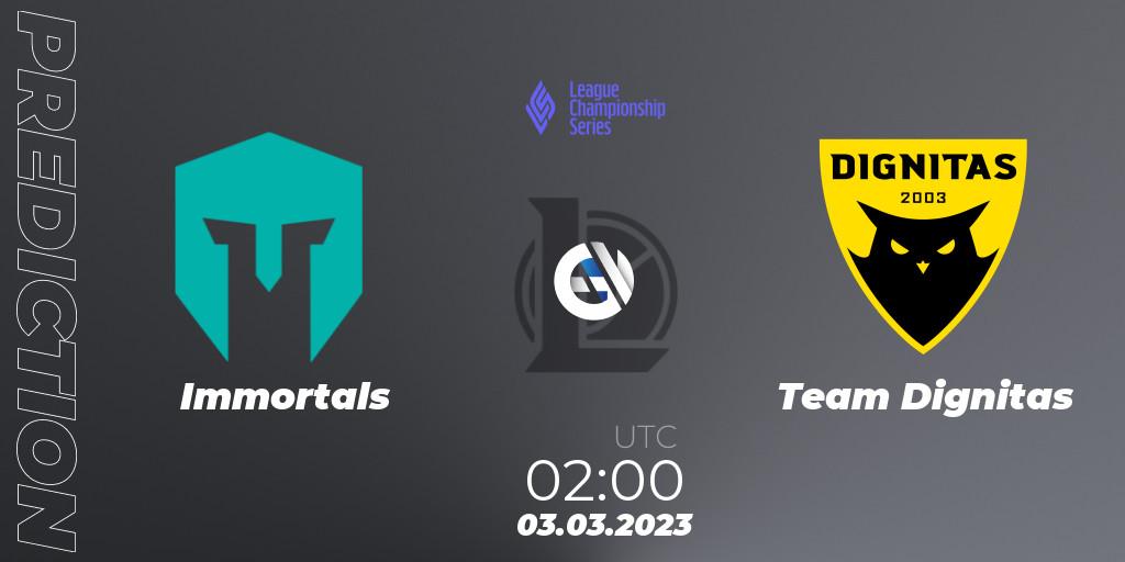 Pronóstico Immortals - Team Dignitas. 03.03.2023 at 02:00, LoL, LCS Spring 2023 - Group Stage