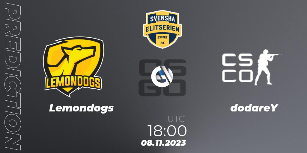 Pronóstico Lemondogs - dodareY. 08.11.2023 at 18:00, Counter-Strike (CS2), Svenska Elitserien Fall 2023: Online Stage