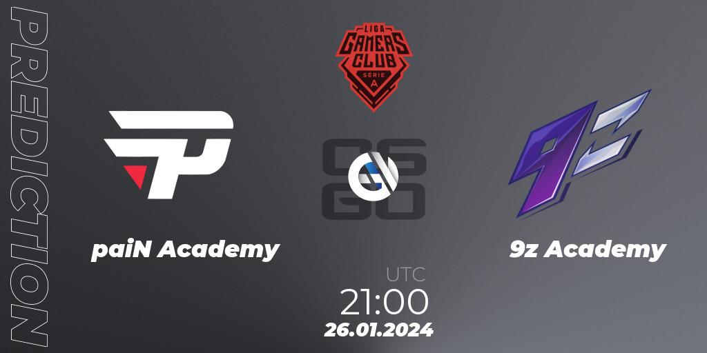 Pronóstico paiN Academy - 9z Academy. 26.01.2024 at 23:00, Counter-Strike (CS2), Gamers Club Liga Série A: January 2024