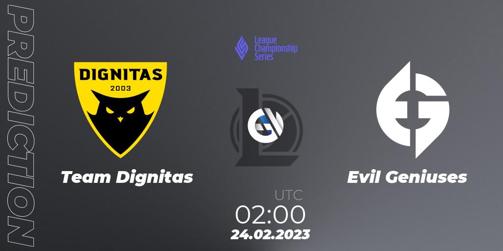 Pronóstico Team Dignitas - Evil Geniuses. 24.02.2023 at 02:00, LoL, LCS Spring 2023 - Group Stage