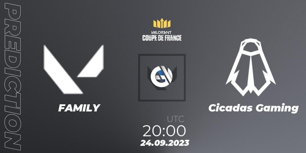 Pronóstico FAMILY - Cicadas Gaming. 24.09.2023 at 20:15, VALORANT, VCL France: Revolution - Coupe De France 2023