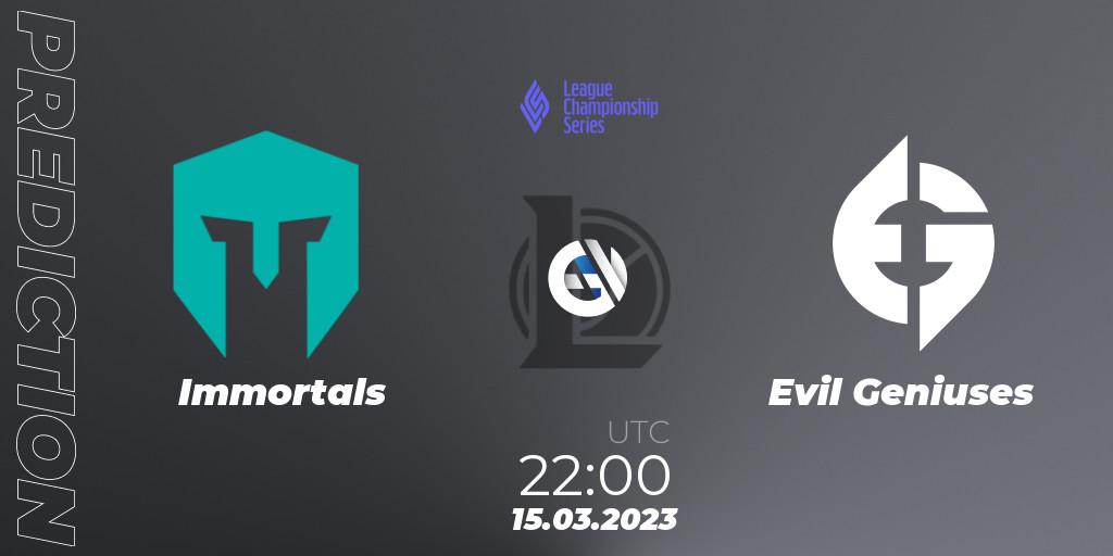 Pronóstico Immortals - Evil Geniuses. 17.02.2023 at 23:00, LoL, LCS Spring 2023 - Group Stage