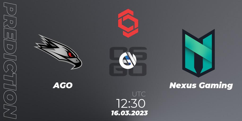 Pronóstico AGO - Nexus Gaming. 16.03.2023 at 13:35, Counter-Strike (CS2), CCT Central Europe Series 5 Closed Qualifier