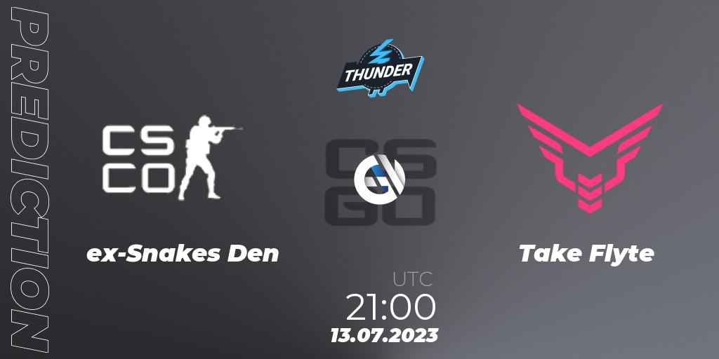 Pronóstico ex-Snakes Den - Take Flyte. 13.07.2023 at 21:15, Counter-Strike (CS2), Thunderpick World Championship 2023: North American Qualifier #1