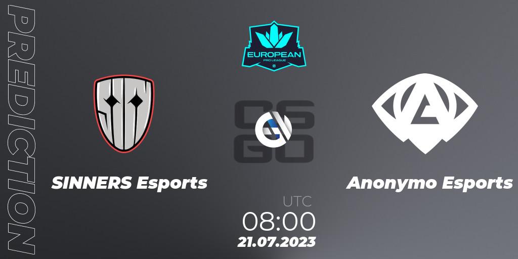 Pronóstico SINNERS Esports - Anonymo Esports. 21.07.2023 at 08:00, Counter-Strike (CS2), European Pro League Season 9
