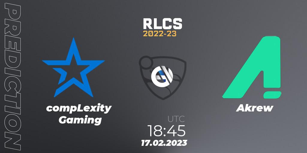 Pronóstico compLexity Gaming - Akrew. 17.02.2023 at 18:45, Rocket League, RLCS 2022-23 - Winter: North America Regional 2 - Winter Cup