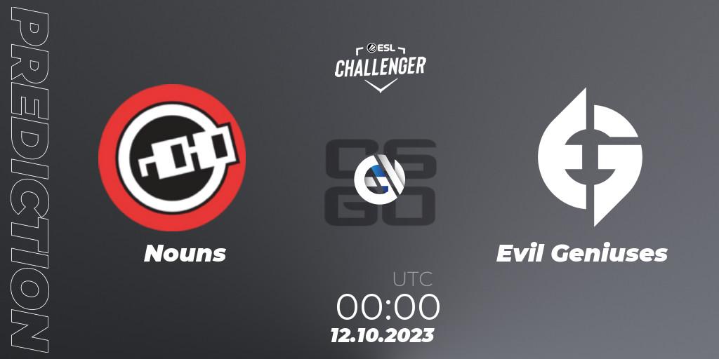 Pronóstico Nouns - Evil Geniuses. 12.10.2023 at 00:00, Counter-Strike (CS2), ESL Challenger at DreamHack Winter 2023: North American Qualifier