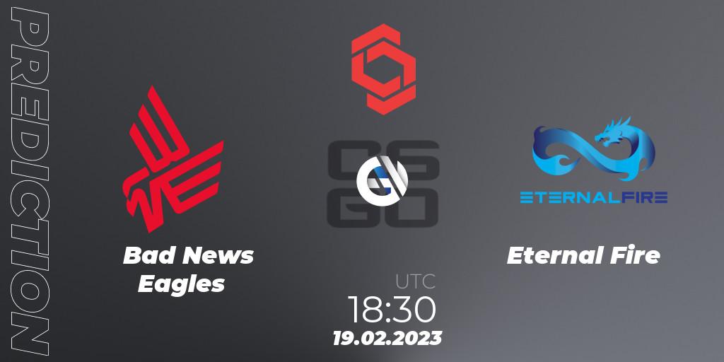 Pronóstico Bad News Eagles - Eternal Fire. 19.02.2023 at 19:00, Counter-Strike (CS2), CCT Central Europe Series Finals #1