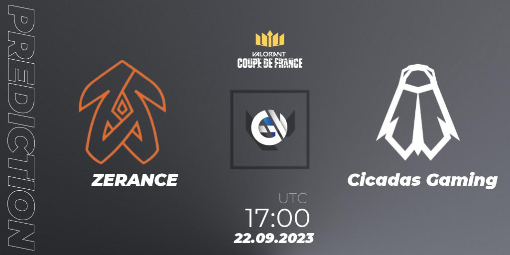Pronóstico ZERANCE - Cicadas Gaming. 22.09.2023 at 17:15, VALORANT, VCL France: Revolution - Coupe De France 2023