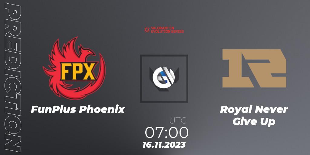 Pronóstico FunPlus Phoenix - Royal Never Give Up. 16.11.2023 at 07:00, VALORANT, VALORANT China Evolution Series Act 3: Heritability