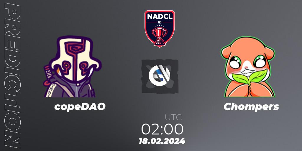 Pronóstico copeDAO - Chompers. 18.02.2024 at 02:00, Dota 2, North American Dota Challengers League Season 6 Division 1