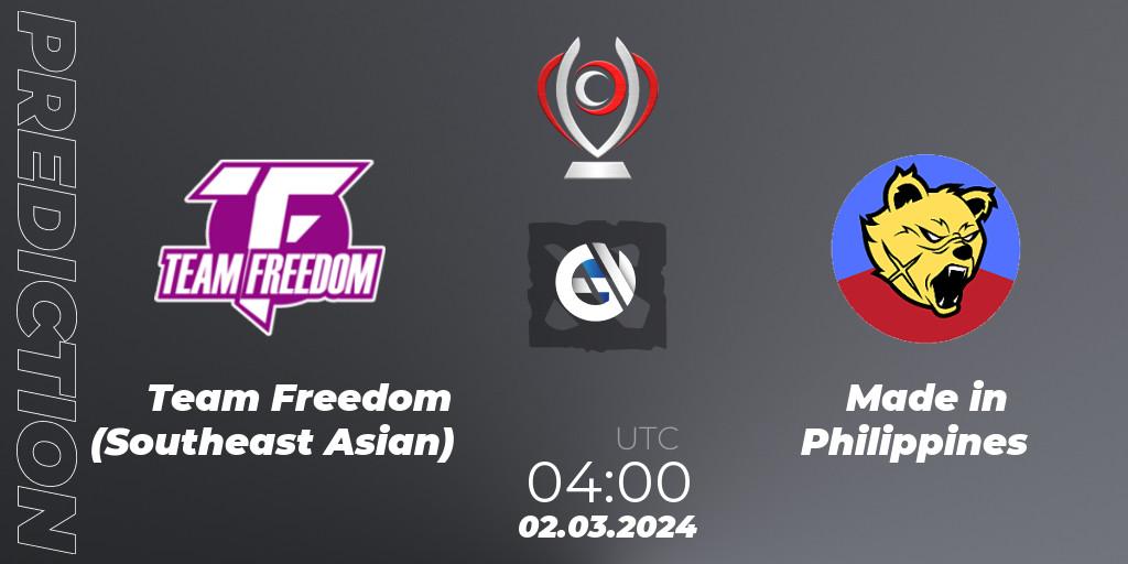 Pronóstico Team Freedom (Southeast Asian) - Made in Philippines. 02.03.2024 at 04:05, Dota 2, Opus League