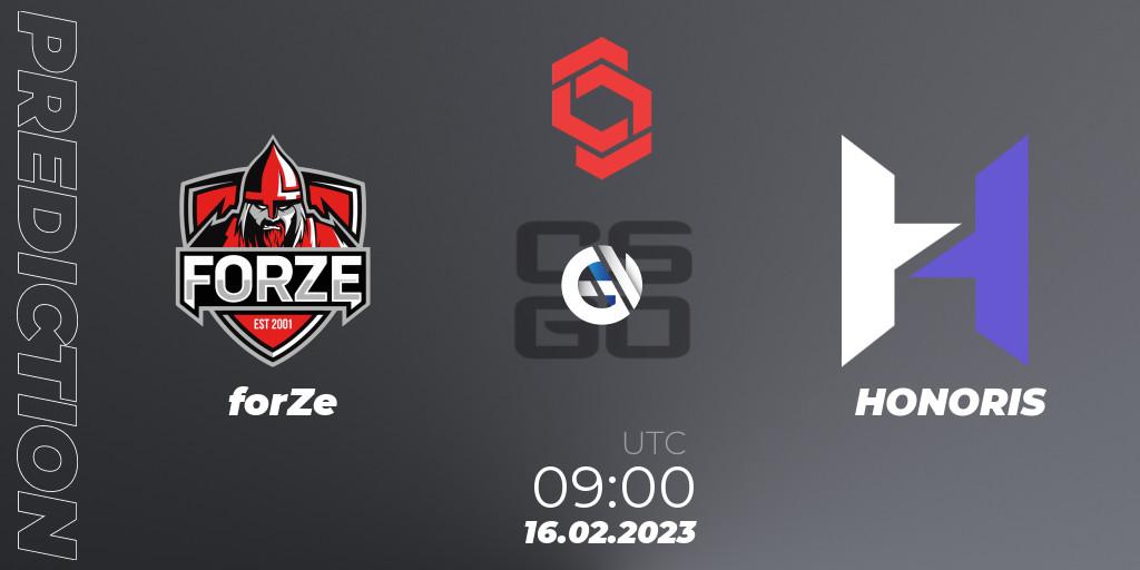 Pronóstico forZe - HONORIS. 16.02.2023 at 09:00, Counter-Strike (CS2), CCT Central Europe Series Finals #1