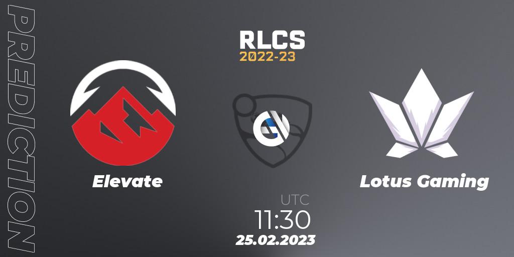 Pronóstico Elevate - Lotus Gaming. 25.02.2023 at 11:30, Rocket League, RLCS 2022-23 - Winter: Asia-Pacific Regional 3 - Winter Invitational