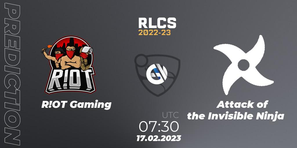 Pronóstico R!OT Gaming - Attack of the Invisible Ninja. 17.02.2023 at 07:30, Rocket League, RLCS 2022-23 - Winter: Oceania Regional 2 - Winter Cup