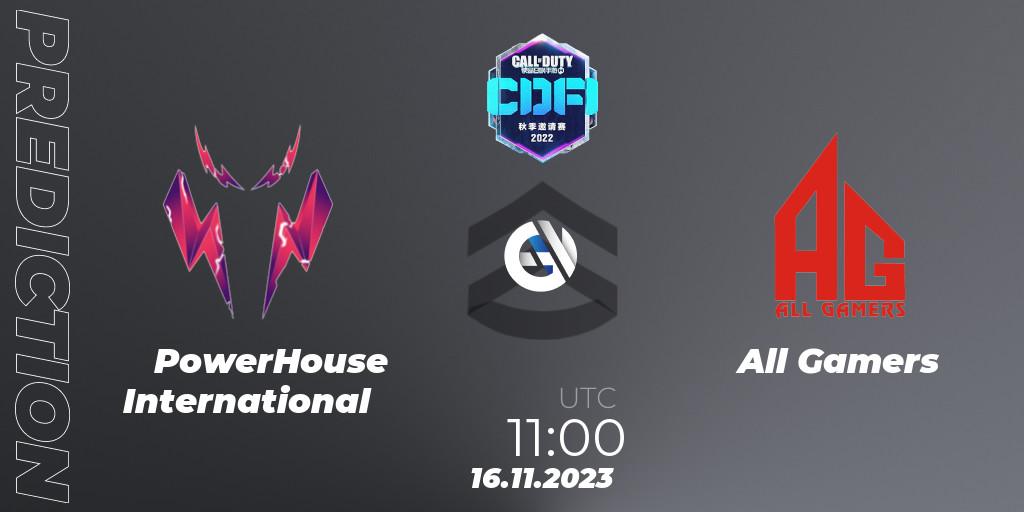 Pronóstico PowerHouse International - All Gamers. 16.11.2023 at 11:00, Call of Duty, CODM Fall Invitational 2023