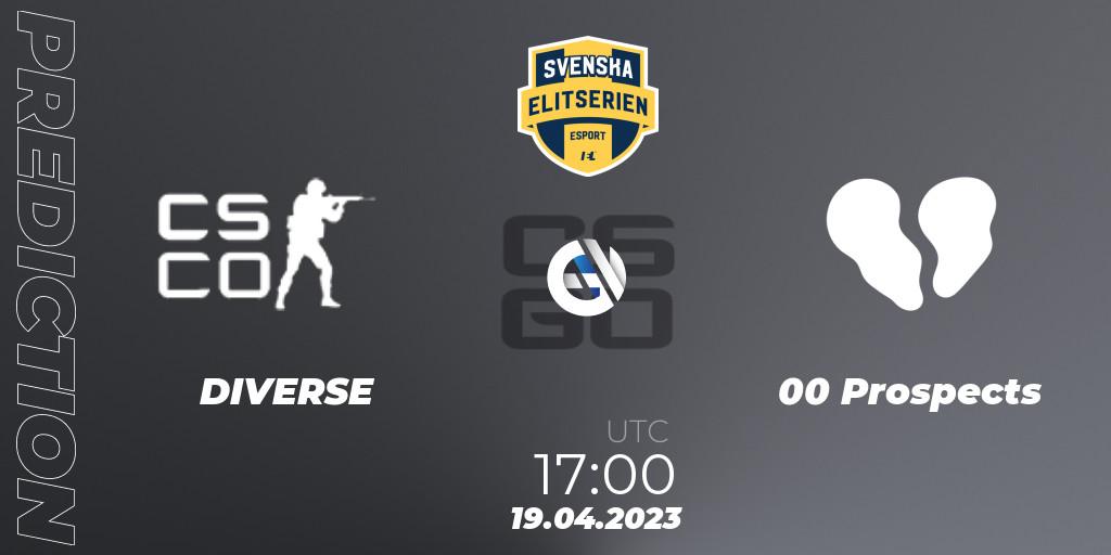 Pronóstico DIVERSE - 00 Prospects. 19.04.2023 at 17:00, Counter-Strike (CS2), Svenska Elitserien Spring 2023: Online Stage