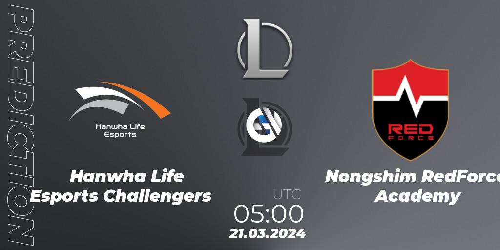 Pronóstico Hanwha Life Esports Challengers - Nongshim RedForce Academy. 21.03.2024 at 05:00, LoL, LCK Challengers League 2024 Spring - Group Stage