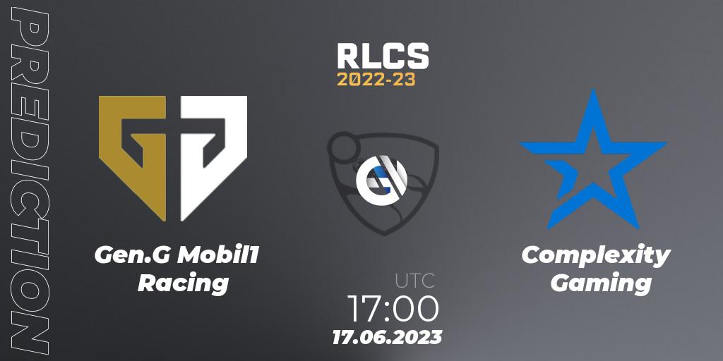Pronóstico Gen.G Mobil1 Racing - Complexity Gaming. 17.06.2023 at 17:00, Rocket League, RLCS 2022-23 - Spring: North America Regional 3 - Spring Invitational
