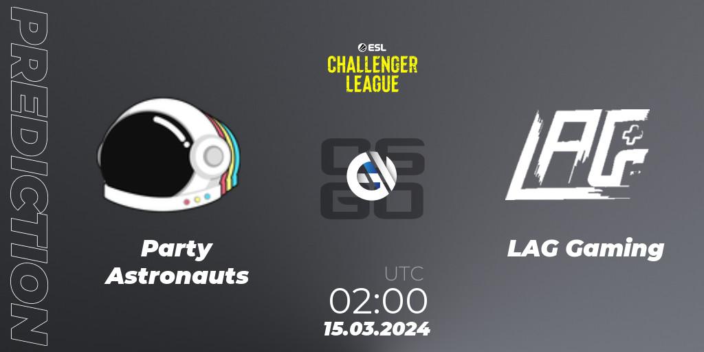 Pronóstico Party Astronauts - LAG Gaming. 09.05.2024 at 01:00, Counter-Strike (CS2), ESL Challenger League Season 47: North America