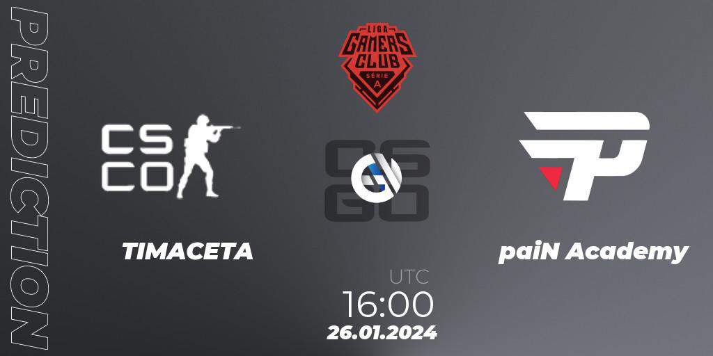 Pronóstico TIMACETA - paiN Academy. 26.01.2024 at 16:00, Counter-Strike (CS2), Gamers Club Liga Série A: January 2024