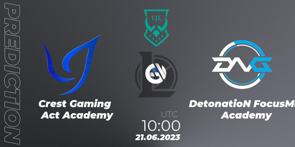 Pronóstico Crest Gaming Act Academy - DetonatioN FocusMe Academy. 21.06.2023 at 10:15, LoL, LJL Academy 2023 - Group Stage