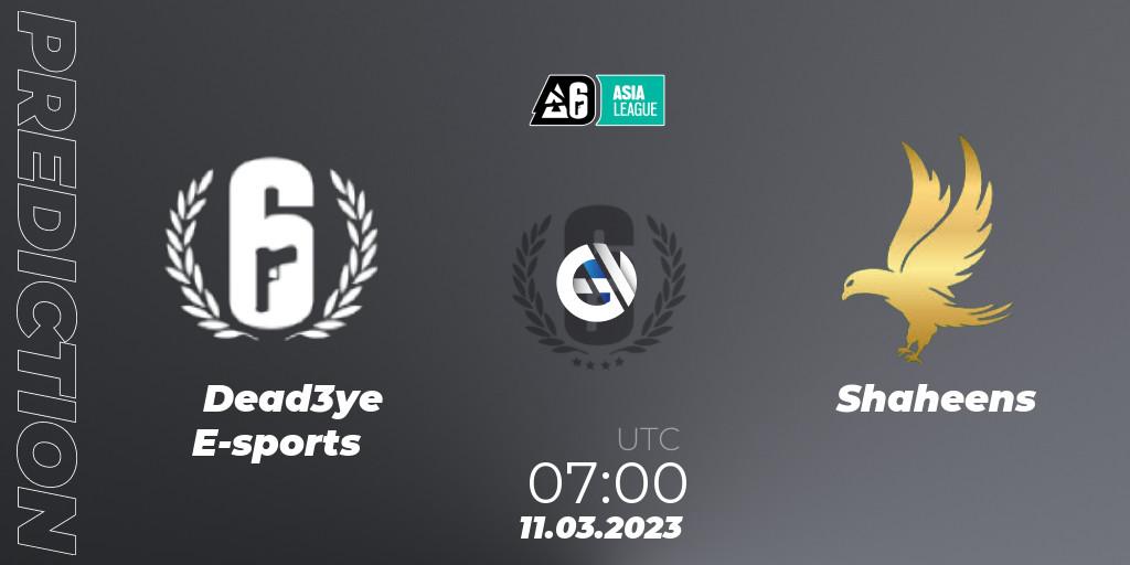 Pronóstico Dead3ye E-sports - Shaheens. 11.03.2023 at 08:00, Rainbow Six, South Asia League 2023 - Stage 1