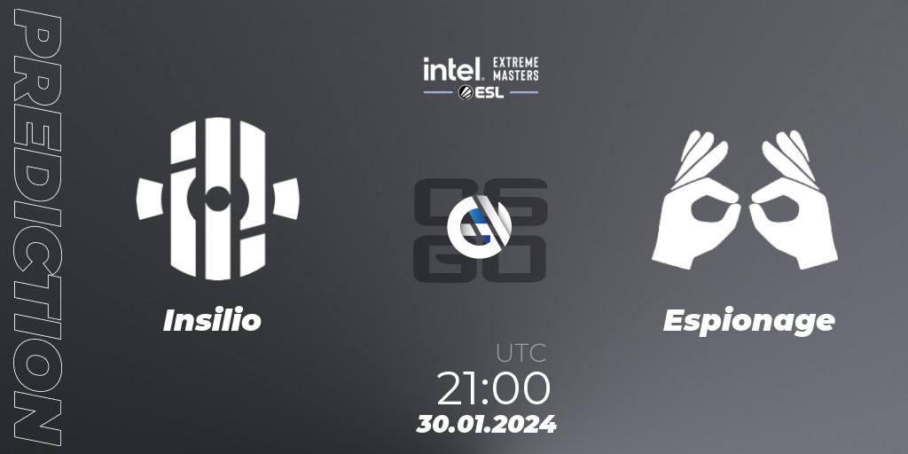 Pronóstico Insilio - Espionage. 30.01.2024 at 21:00, Counter-Strike (CS2), Intel Extreme Masters China 2024: European Open Qualifier #2