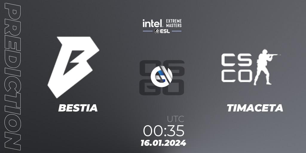 Pronóstico BESTIA - TIMACETA. 16.01.2024 at 00:35, Counter-Strike (CS2), Intel Extreme Masters China 2024: South American Open Qualifier #2